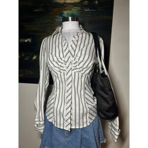 Rampage Vintage Button Down Shirt Size Medium White Black Striped Ruched Bust